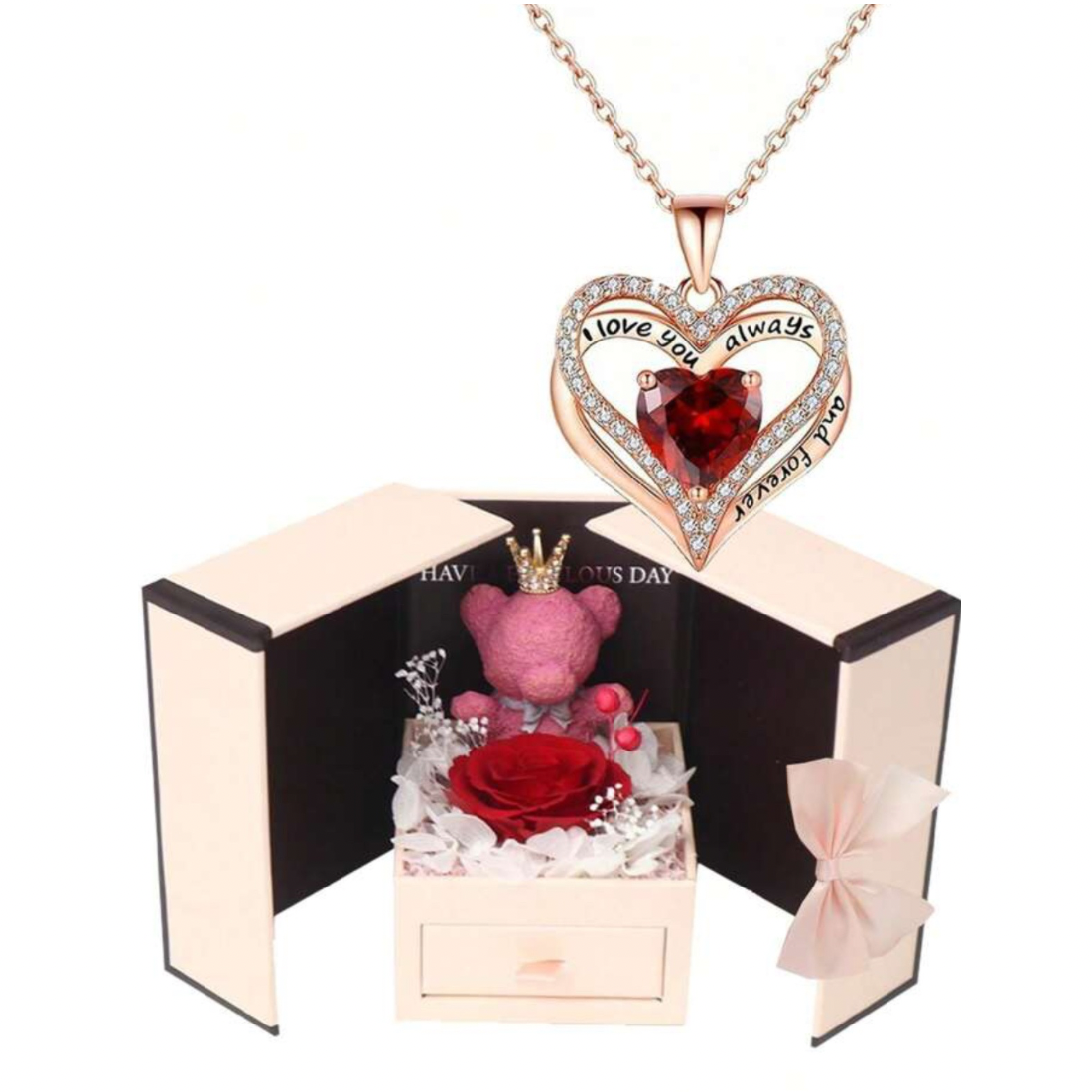 Preserved Rose With Bear And Necklace Gift Set