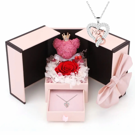 Preserved Rose With Bear And Necklace Gift Set