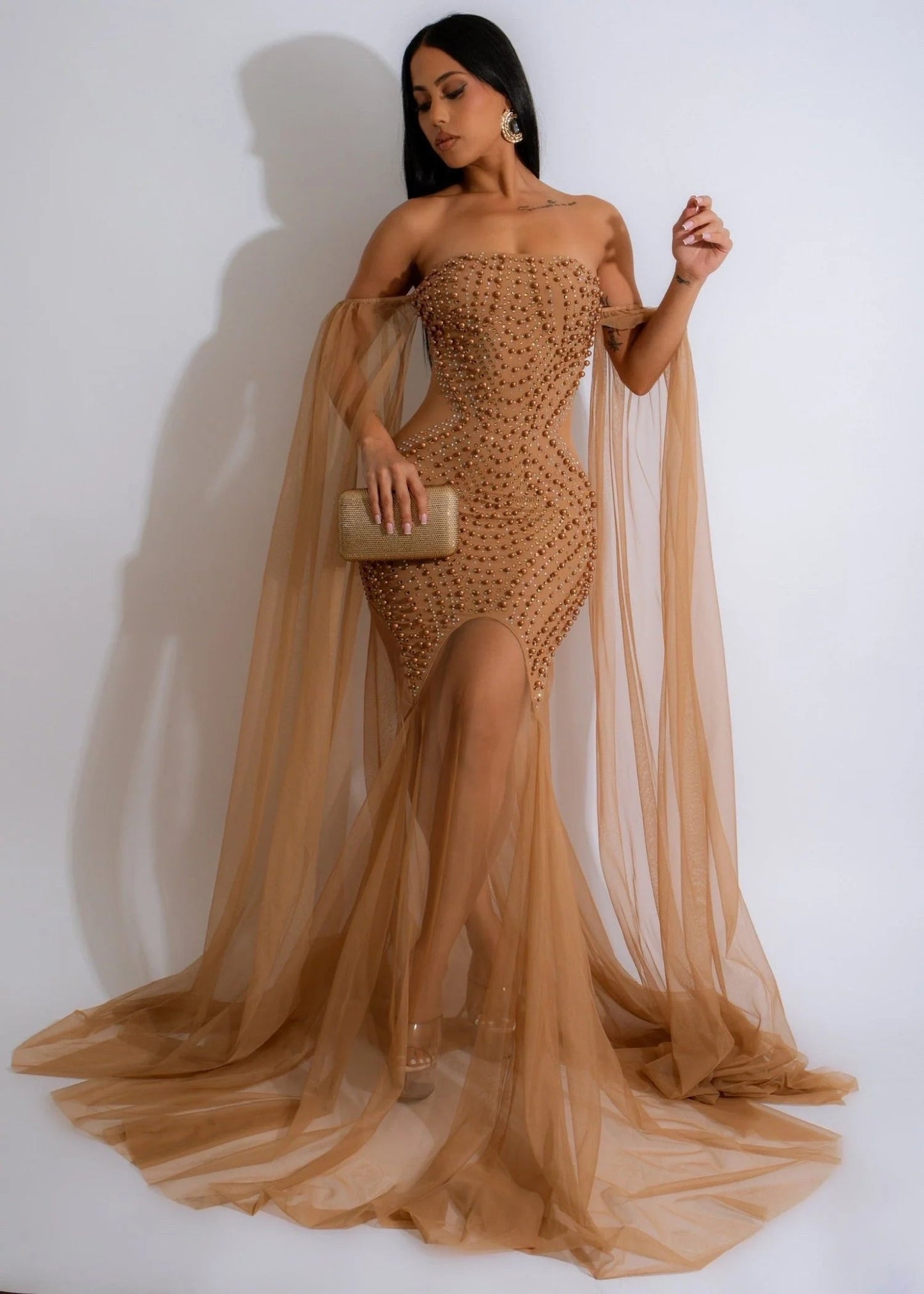 Elite Rhinestone Maxi Dress Nude